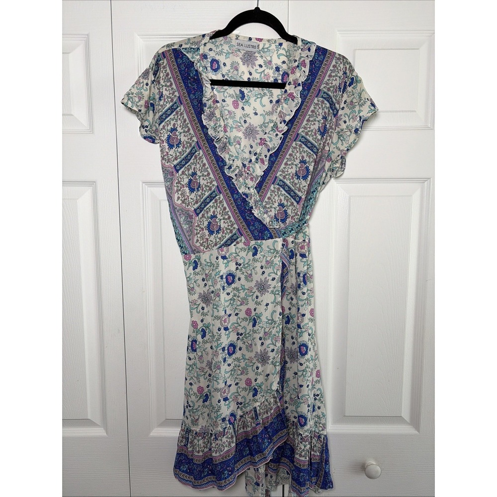 Sea Lustre Boho Floral Wrap Dress Womens Size L/XL Blue Purple Ruffle Rayon